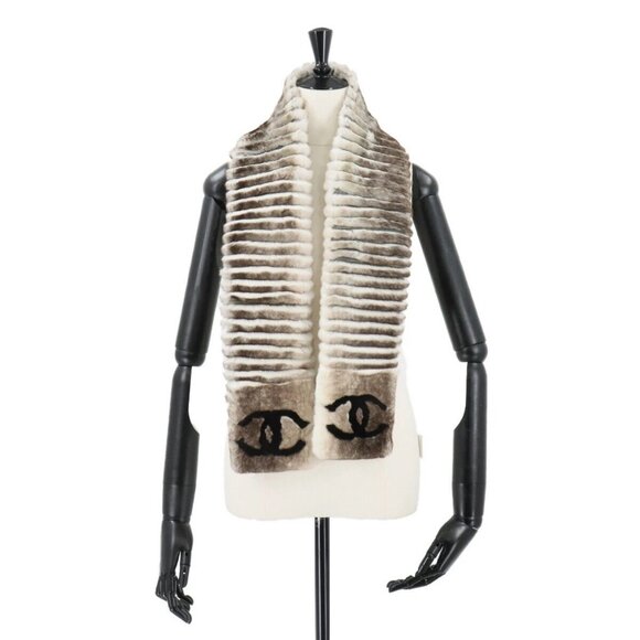 CHANEL Orylag Fur Winter Scarf Rapin Brown White - Picture 1 of 12